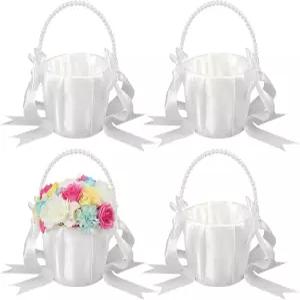 귀여운 진주 손잡이가 달린 Ckhoid 4Pcs 웨딩 플라워 걸 바구니 흰색 새틴 보크노트 꽃 결혼식용 컬렉션