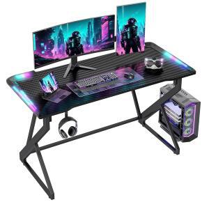 TIQLAB LED 조명이 있는 게이밍 데스크, 공간을 탄소 및 남아 가정용 테이블, 컴퓨터 블랙 표면이 PC 119.4CM(47인치) 책상, 섬유 게이머 작은 게임 남성용 위한