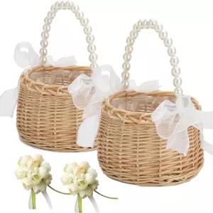 2PCS 위커 라탄 플라워 걸 바구니 웨딩 손목 코르사지 진주 손잡이 활 요정 결혼식 신부 기념 파티 장식 2