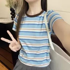 ( )여성 옆 셔링 스트라이프 반팔 티 여름 줄무늬 티셔츠