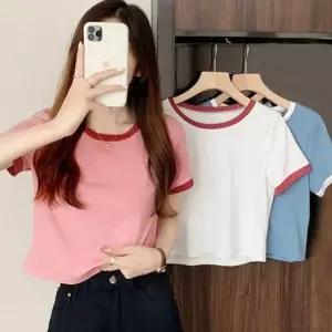 ( )여성 여름 라운드 기본 크롭 반팔 티 셔츠 3종 세트
