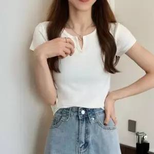 이너티 스판 여자 여성반팔티 브이넥 여름 여성 티셔츠 반팔티 여성티셔츠 슬림