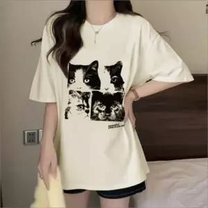 반팔티 여름 고양이 루즈핏 여자 라운드넥 티셔츠