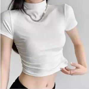 여성 여름 셔링 크롭 골지 반팔 티셔츠 슬림핏 숏 티셔츠 셔링티