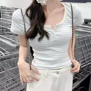 여성 스트라이프 데일리 크롭 반팔티 1P 슬림핏 여름