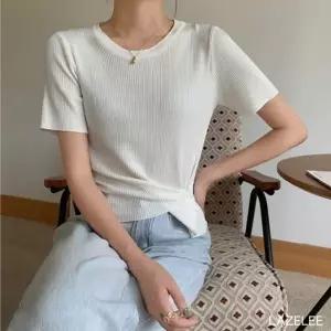 레이즐리 화이트 언발 랩 골지 반팔 티셔츠 여성 라운드 니트 봄 여름 무지 여성티셔츠 여성봄티셔츠 언발