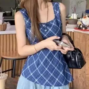 (색상 블루 FREE)여성체크블라우스 상의 시원한 데일리룩 여성 민소매 블루 여자 여름 블라우스 바캉스룩