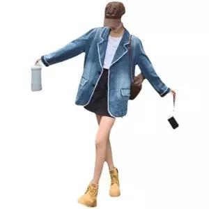 EAMT 청 여자 빈티지 캐주얼 정장넥 봄가을 루즈핏 워싱 긴팔 코트 재킷 EUNG3
