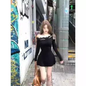 빛채운 여친 원피스 치마 검정 미니 가을 배색 숄더 허리조임 OPH3