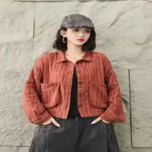여친 가을 빈티지 스트라이프 포켓 재킷 칼라 빅 쇼트 린넨마 톱 면마 코트 원픽3