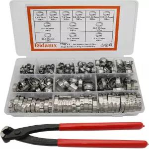 디담엑스 230Pcs 싱글 이어 호스 클램프 핀커 크림퍼 공구 304 스테인리스 스틸 12 사이즈 5.3-33.1mm