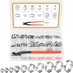 VIGRUE 115Pcs 싱글 이어 호스 클램프 키트 핀서가 있는 6-28.6mm 스텝리스 자동차 파이프 배관용 조절식