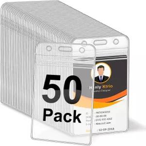 재밀봉 가능한 지퍼가 있는 KTRIO 50 팩 투명 수직 신분증 배지 홀더 RFID 카드 근접 및 신용 방수