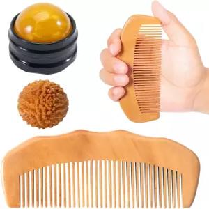 SIMPOR 3-in-1 진통 빗 및 마사지 볼 세트 지압 스파이키 롤러가 포함된 나무 탄생 관리 임신 신생아