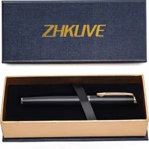 ZHKUVE 럭셔리 롤러볼 펜 24K 골드 트림의 멋진 블랙 래커 잉크 리필이 포함된 스위스 팁 남녀를 위한