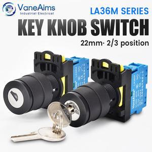 VaneAims 22mm LA36M 키 스위치 12v 220v 10A 2 1NO On Off 손잡이 버튼 2NO 3 키가 있는 로터리 선택기