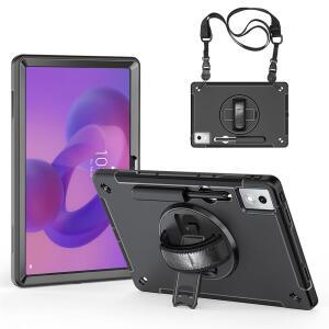 LENOVO 디어 탭 프로 12.7인치 2025용 준파이어 보호 케이스 충격 방지 프로(TB-373FU / TB-375FC) 360 회전 킥스탠드/핸드 스트랩/숄더 스트랩/스타일러스 홀더-블랙