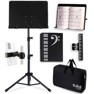 GLEAM 악보 스탠드 - 풀 메탈, 휴대용 가방, 휴대폰 홀더, 폴더 및 클립, 5 in 1 데스크탑 북 블랙