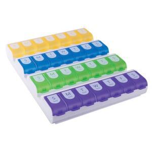 이지 도즈 위클리 (7일) 알약 케이스, 메디신 플래너, 비타민 정리함, 하루 4회, 큰 구획, 모든 구획을 한 번에 쉽게 채울 수 있는 다양한 색상, BPA 프리