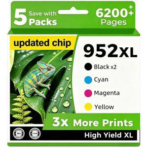 952XL 잉크 카트리지 hp호환 952 XL 5 팩(블랙 2개 / 시안 1개 마젠타 옐로우 1개) 높은 수율 OFFICEJET PRO 7740 8710 8720 8730 8210 8702 프린터 업그레이드된 칩 안티 펌웨어 블록 지원 vHN