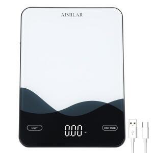 AIMILAR 디지털 주방 저울 22파운드 / 10KG USB-C 충전식 강화 유리 상단 이지 클리닝 LED 터치스크린 버튼 없음 자동 차단 vO9