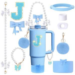 9PCS 스탠리 컵 액세서리 세트 - 손잡이가 있는 30온스 40온스 텀블러용 불 키트에는 보우 스트로 토퍼와 부츠 참 진주 손잡이 스트랩 및 스티커가 포함되어 있습니다 에스테틱 걸 선물 (J) v9R
