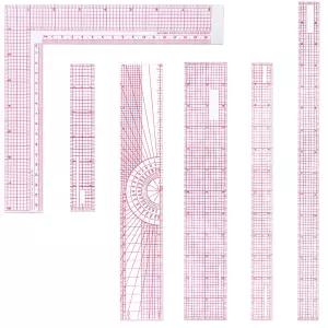 투명 플라스틱 베벨드 프렌치 인치 미터법 및 L-제곱 자를 재봉하는 6가지 의류 디자인을 위한 격자 눈금