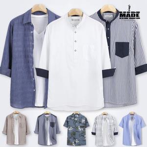 메이드 셔츠/남방/반팔/7부/린넨/솔리드/체크/데님/빅사이즈/헨리넥/청/여름/차이나/남성/남자스판슬림롤업