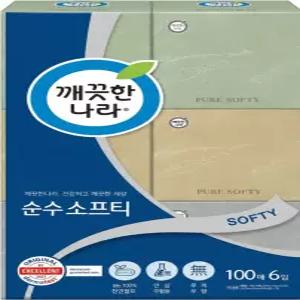 깨끗한나라 순수 소프티 미용티슈 정사각 100매 6입 1팩