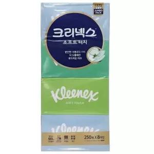 크리넥스 소프트터치 미용티슈 2겹 250매 x 8개입 각티슈 화장지 무료배송 gx