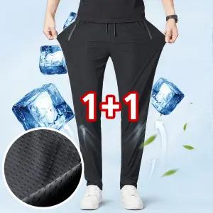(1+1) 남성 냉감 여름 아이스 쿨링 얇은 메쉬 트레이닝 고무줄 밴딩 긴 9부 일자 바지 팬츠