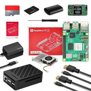 SANOOV 라즈베리 파이 5 4GB 키트, 액티브 쿨러 64GB 에디션, 27W GaN 5.1V5A USB-C 전원 공급 장치, Pi5 보드, 카드 리더 Pi ABS 케이스, 듀얼 4K 마이크로 HD 출력 케이블 및 사용 설명서