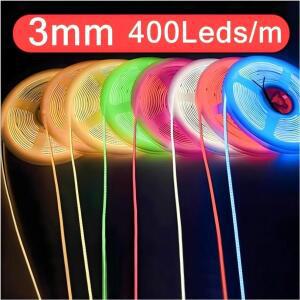 3mm 초박형 12V 컬러풀 COB LED 스트립 디밍 가능 3000K 고밀도 플렉시블 조명 400LED DIY 홈데코 램프용