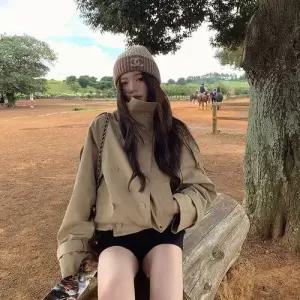 여친 연두 가을 트렌치 상의 헨리넥 더블 코트 admr3