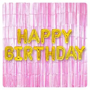 (PW) (은박풍선생일골드커튼메탈핑크세트) 파티 소품벽장식 은선 수술 용품 레터링