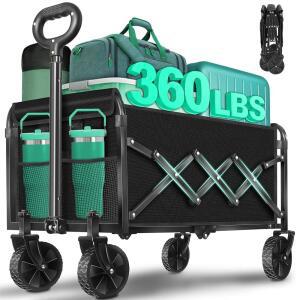 접이식 바퀴가 달린 접이식 왜건 카트: 360LBS 헤비 듀티 접이식 유틸리티 왜건 - 식료품 쇼핑을 위한 휴대용 올터레인 식료품 마차 야외 캠핑 낚시 스포츠 카트