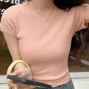 여성 여름 골지 니트 반팔 뒤 뒷 트임 티 셔츠 핑크