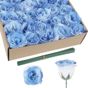블루 글리터 장미 꽃다발 결혼식 파티 크리스마스 발렌타인 데이 홈 데코용 줄기가 달린 30PCS 가짜 인조
