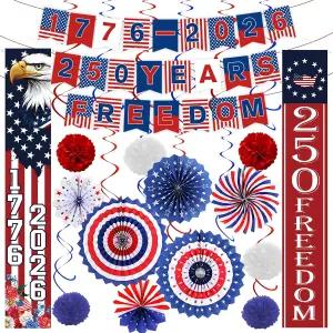 81PCS 미국 250주년 기념 장식 세트 애국적인 7월 4일 빨간색 흰색 종이 선풍기 및 화환 스티커 독립