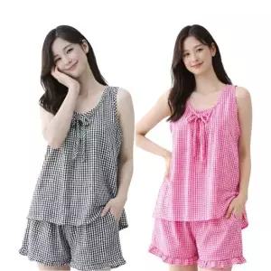 [시스넬라]지지미투피스파자마1세트 여성파자마,여름잠옷세트,시어서커,민소매,홈웨어,반바지잠옷