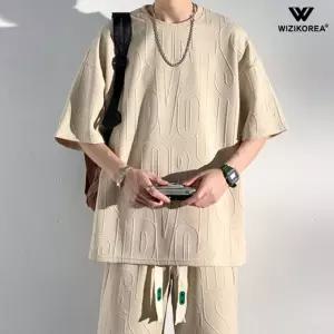 남성 엠보 레터링 트레이닝 세트 여름 오버핏 빅사이즈 밴딩 상하복 WI126SET