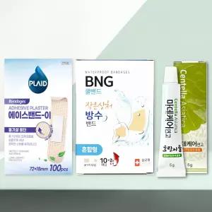 플레이드 에이스밴드-이 표준형 100매+ 쿨밴드 아쿠아 혼합형 12매+ 마데케어 연고5g 상비약