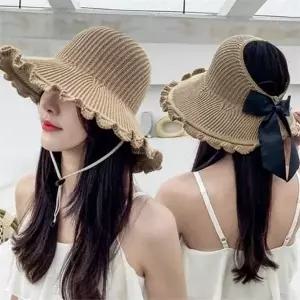 썬 캡 돌돌이 휴대용 리본 여성 썬 캡 여름 나들이 밀짚 사계절 넓은 휴가