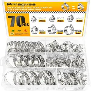 Pragvss 70PCS 호스 클램프 모음 키트 304 스테인리스 스틸 조절식 웜 기어 세트 1/4인치 1/2인치 6-38mm