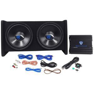 Rockville RV12.2B 1200W 듀얼 12인치 차량 서브우퍼 인클로저, 400W RMS, 모노 앰프, CEA-2006 호환, 서브소닉 필터, 앰프 키트, 오디오 시스템용