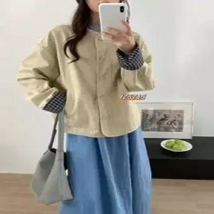 여친 캐주얼 빈티지 라운드 체크 카디건 톱 가디건 싱글 소매 OP1