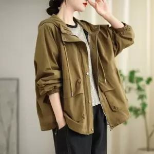 EAMT 여사친 면 캐주얼 가을 빈티지 후드 스트링 가디건 루즈핏 순색 밑단 코트 고밀도 YJ3