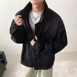 룽나루 데님 남성용 캐주얼 청자켓 봄가을 그라데이션 워싱 코트 상의 HO3