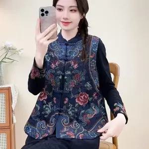 피로달 여친 가을 빈티지 솔리드 나시 민소매 자수 싱글 조끼 차이나 면마 베스트 HO3