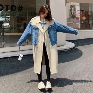 포뇨 롱 가을 트렌치 코트 오버사이즈 데님패치 여성트렌치코트 OPH3